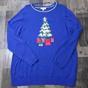 NWT Kim Rogers Womans XL BLUE Christmas Tree Lightweight Sweater Holiday